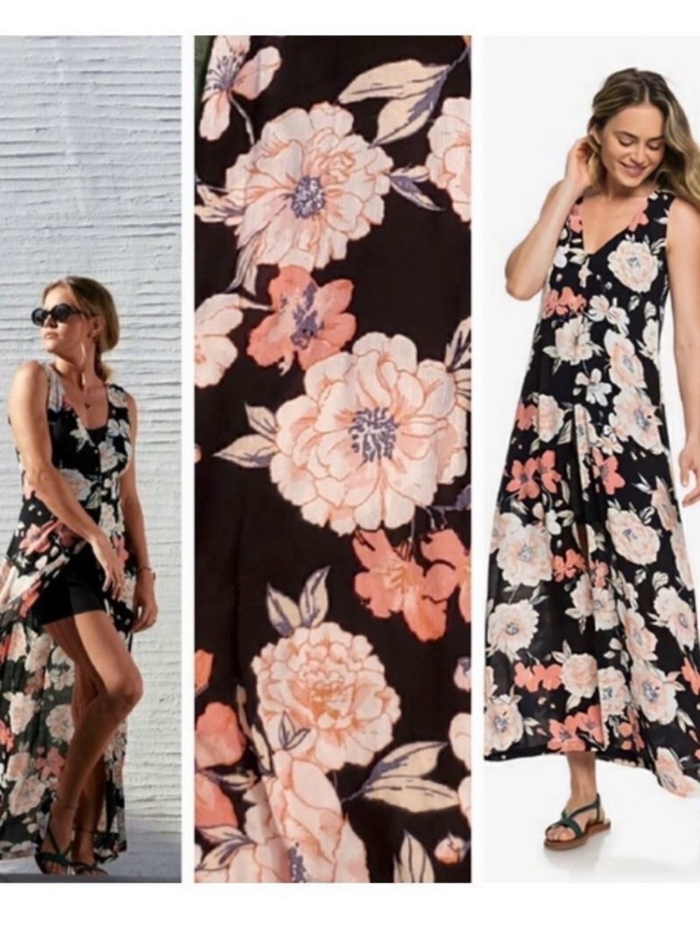 Roxy Black Floral High-Low Maxi Dress with Peach Blooms and black romper under.
